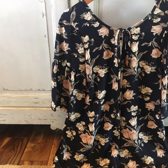 NEW Boho Navy Floral 3/4 Sleeve Tunic Tie Dress - Picture 5 of 8